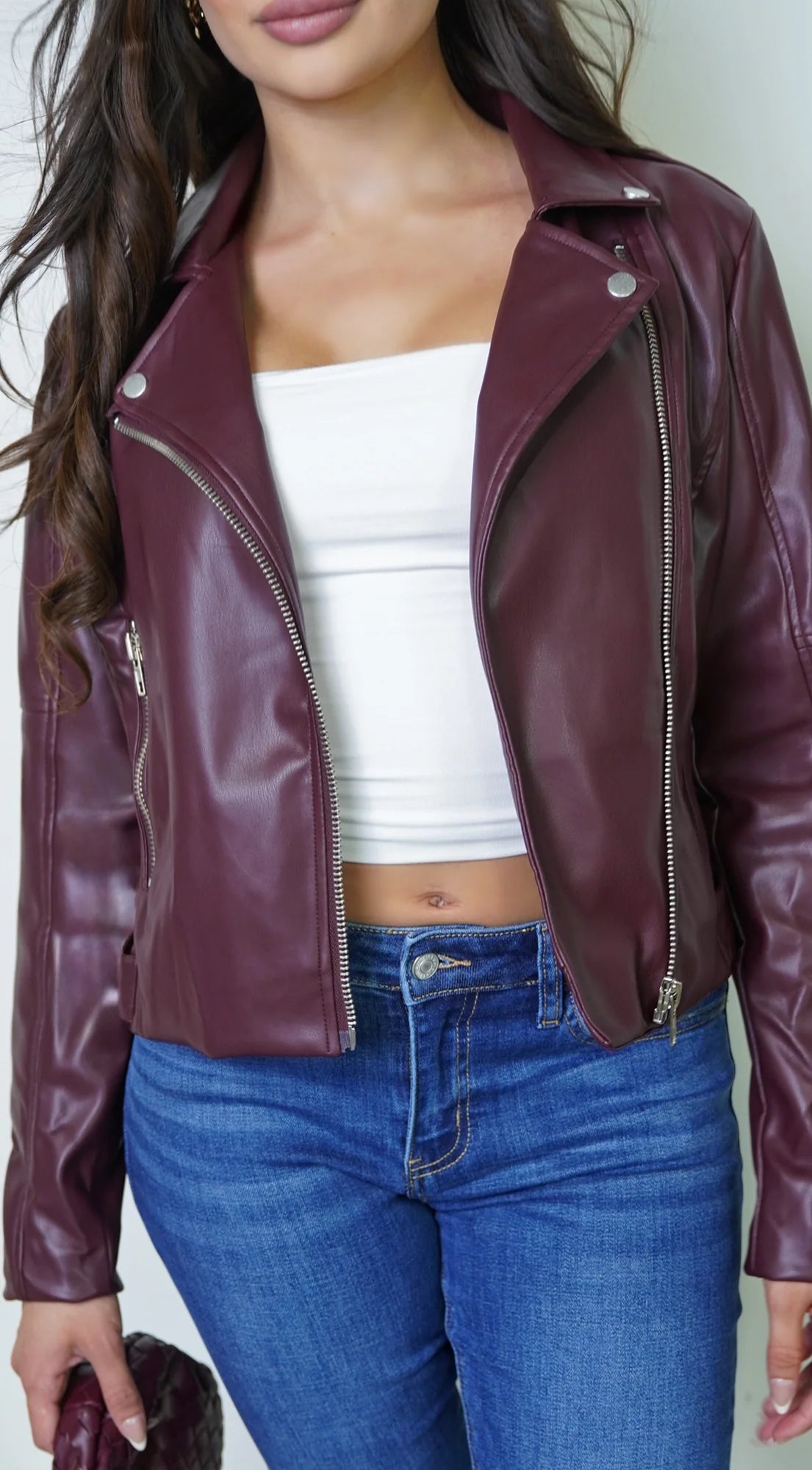 Lunor Moto PU Leather Jacket Burgundy