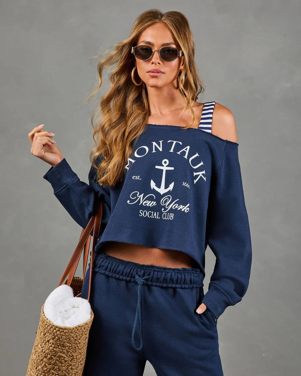 Montauk Social Club Graphic Off the Shoulder Sweatshirt