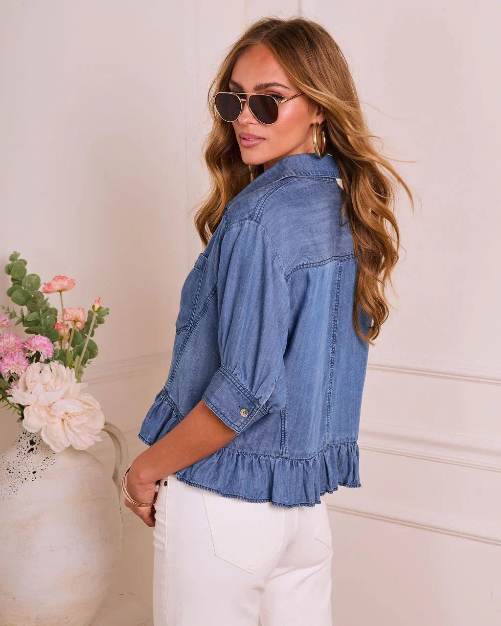 Joellyn Chambray Ruffle Hem Top
