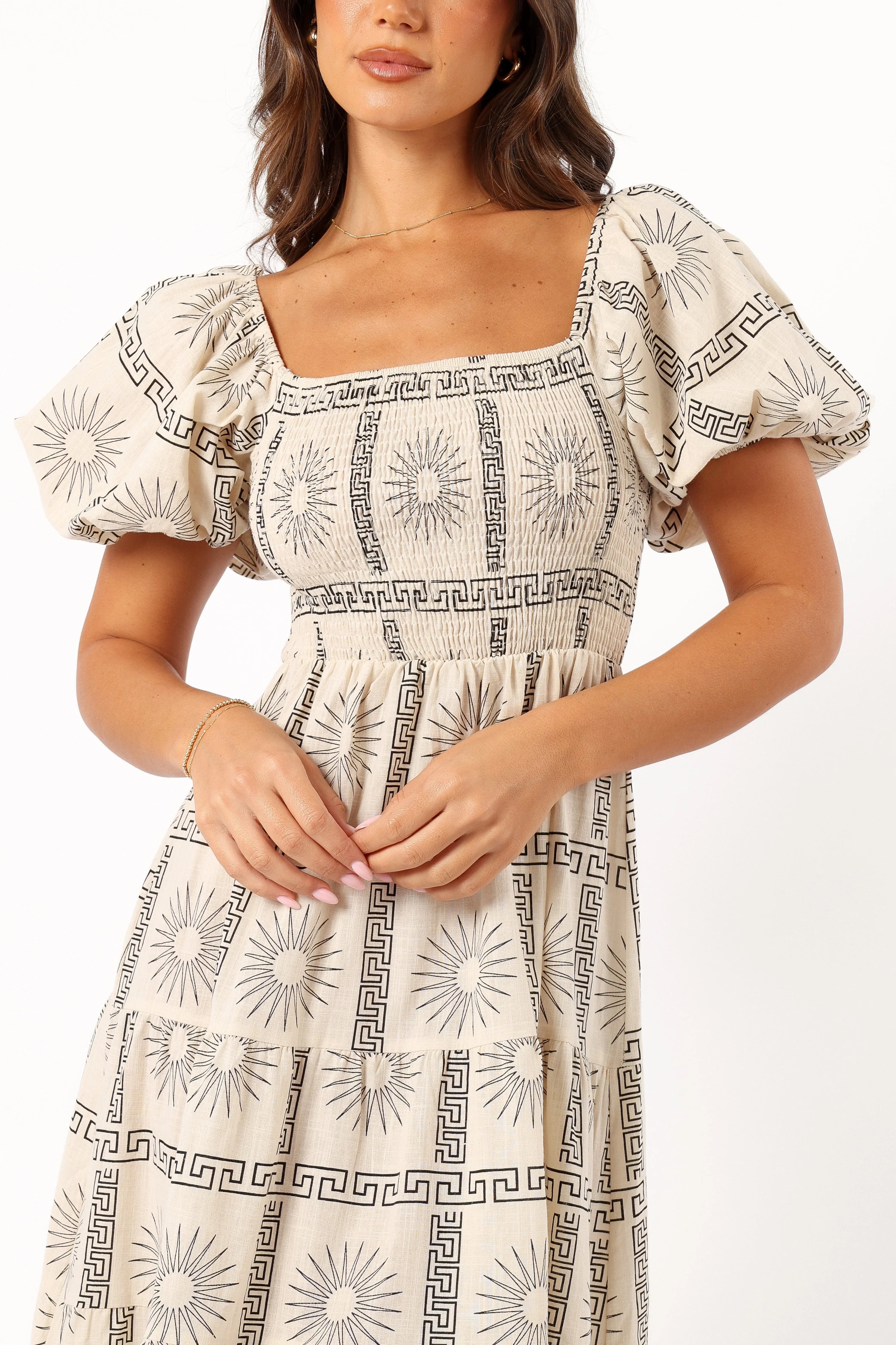 Soliel Puff Sleeve Midi Dress Beige Black