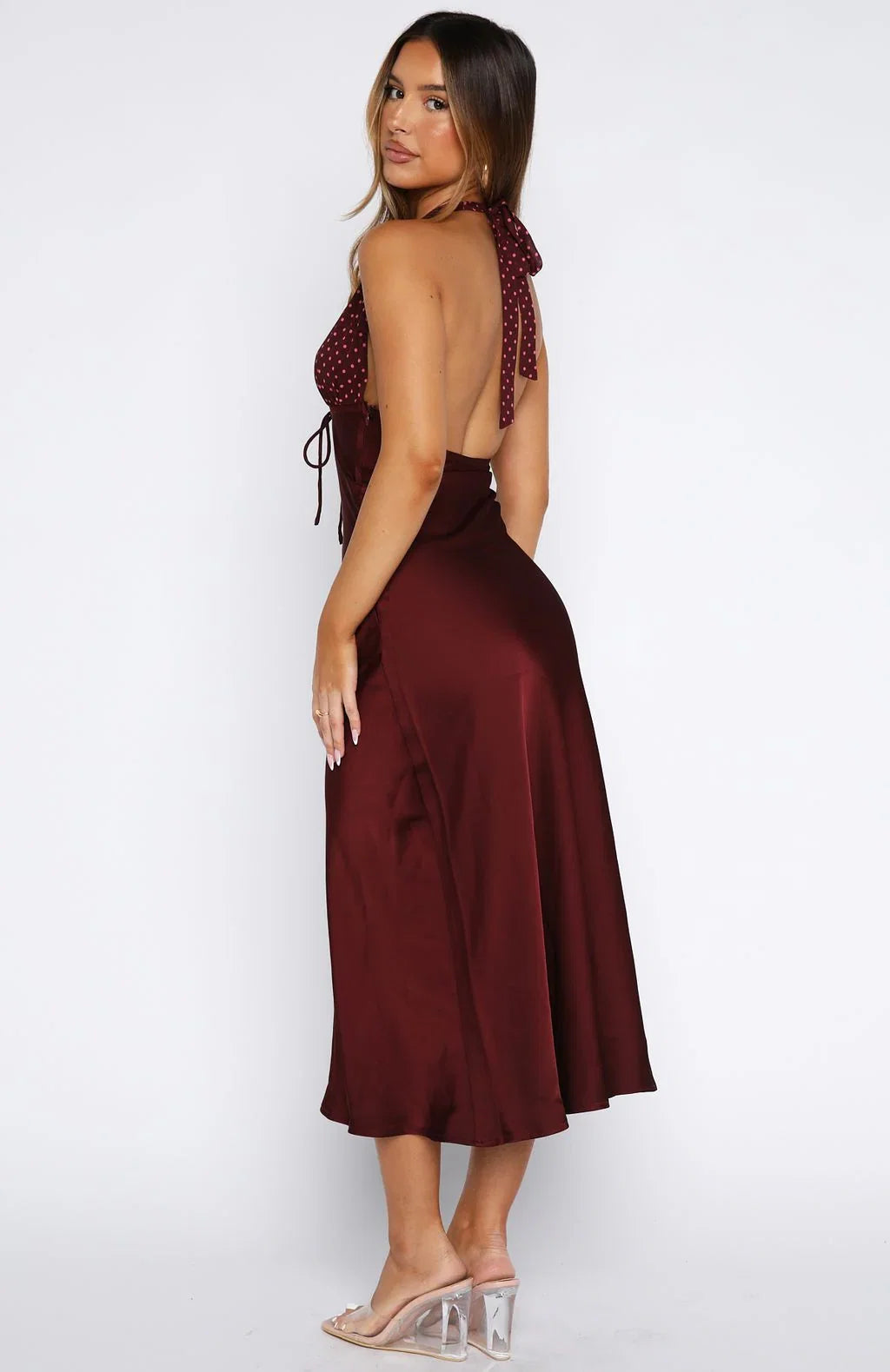 Guess You Miss Me Halter Midi Dress Burgundy Pink Dot