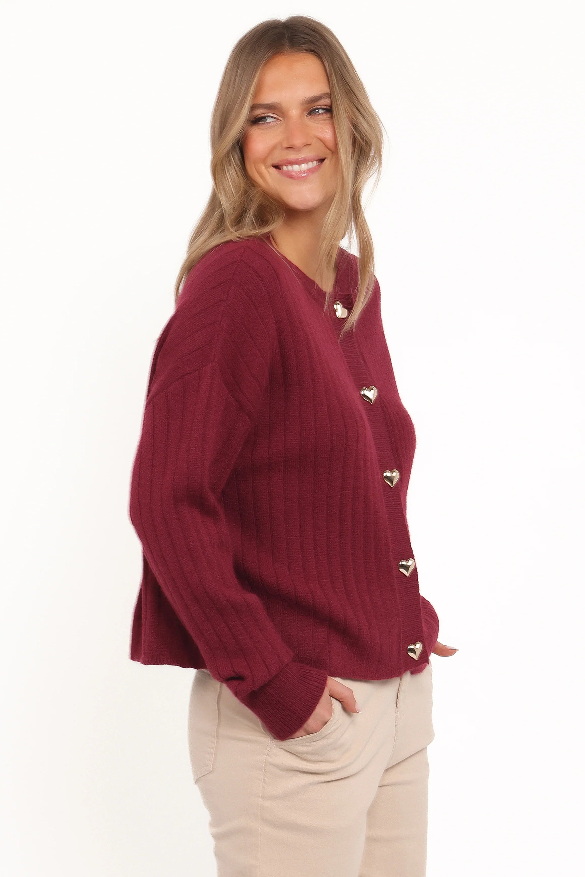 Loulani Heart Button Cardigan Cherry