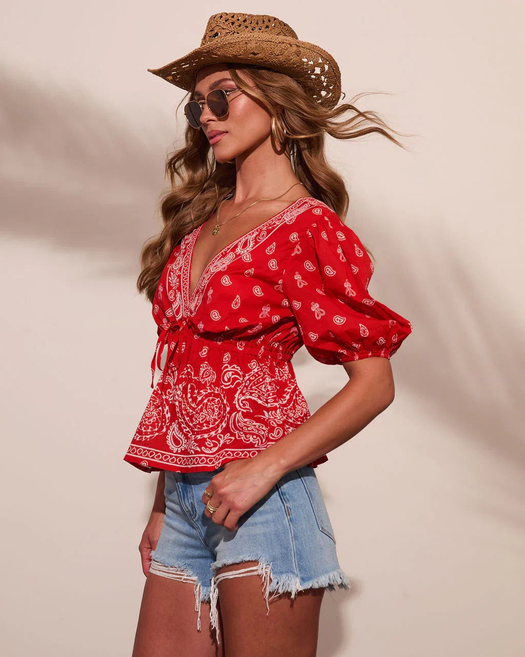 Kinslee Plunging Neckline Paisley Bandana Print Peplum Top