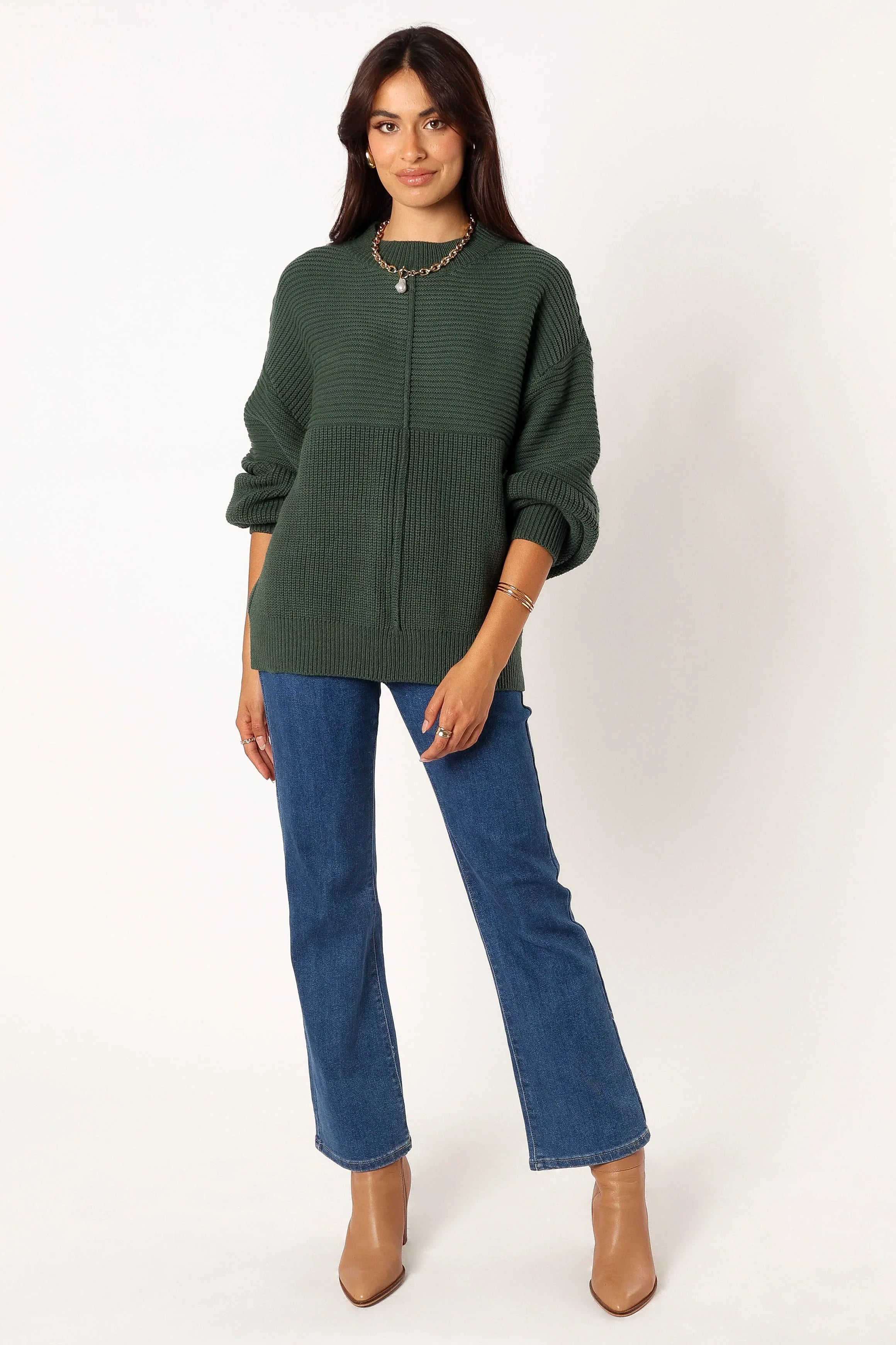 Meredith Ribbed Crewneck Knit Sweater Green