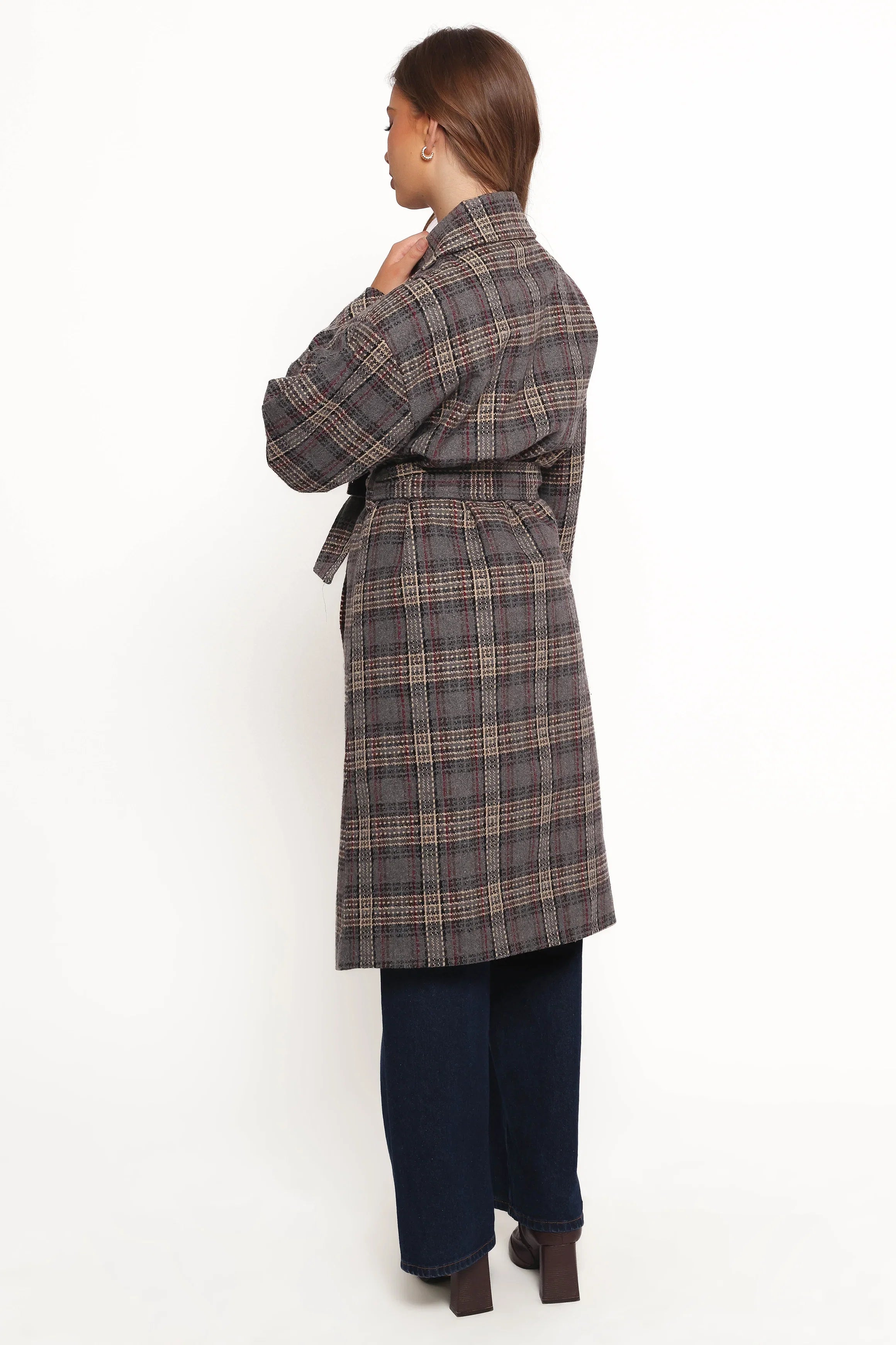 Torie Waist Tie Long Coat Grey Check