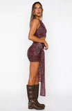 Too Much Heat Mesh Mini Dress Burgundy Paisley