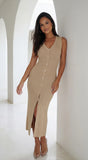 Nela Button Front Ribbed Knit Midi Dress Beige