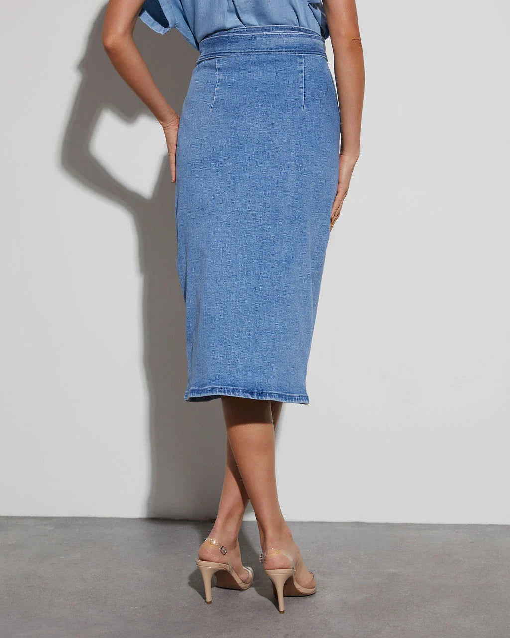 Class Act Denim Wrap Midi Skirt