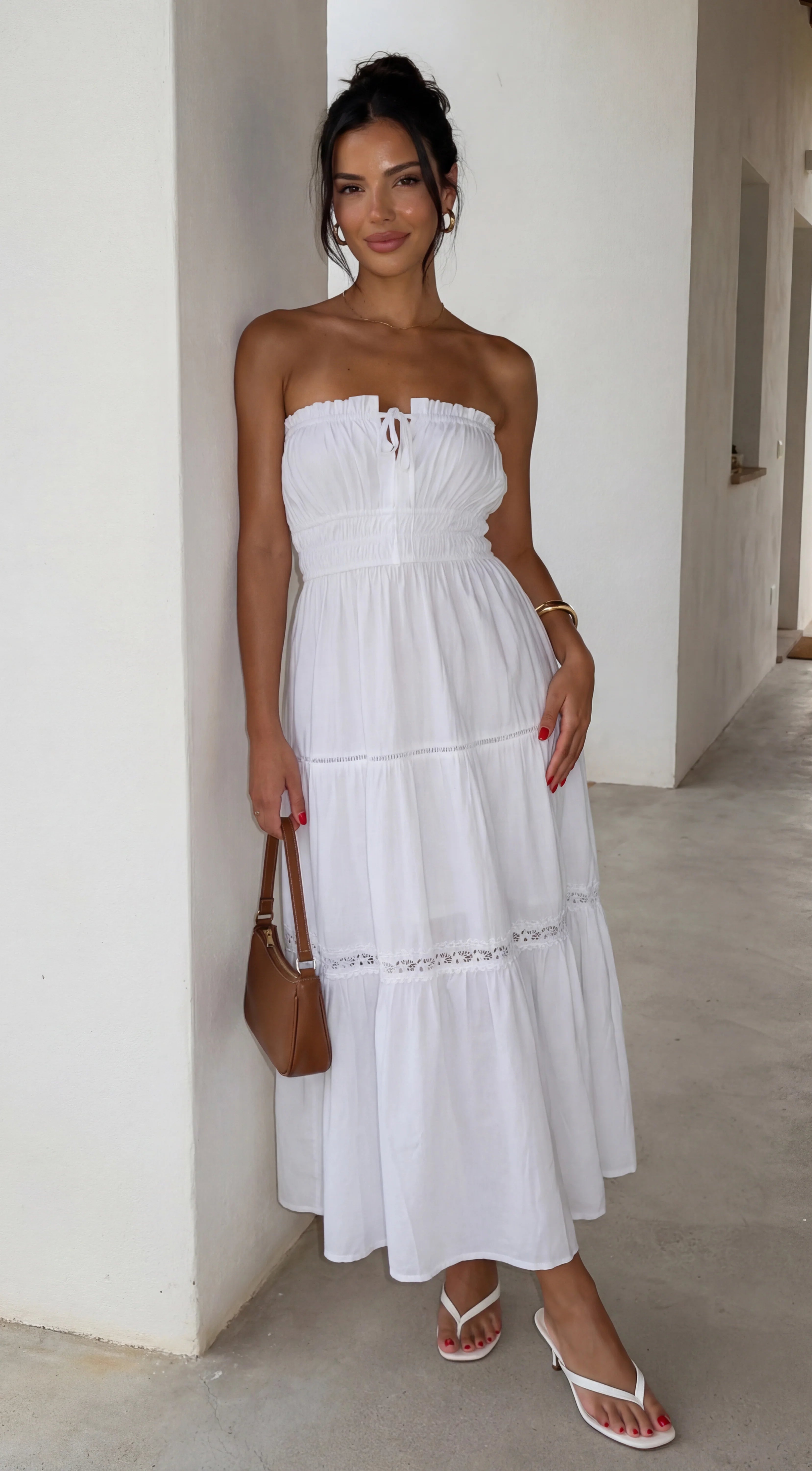 Sunbeam Tiered Lace Strapless Maxi Dress White