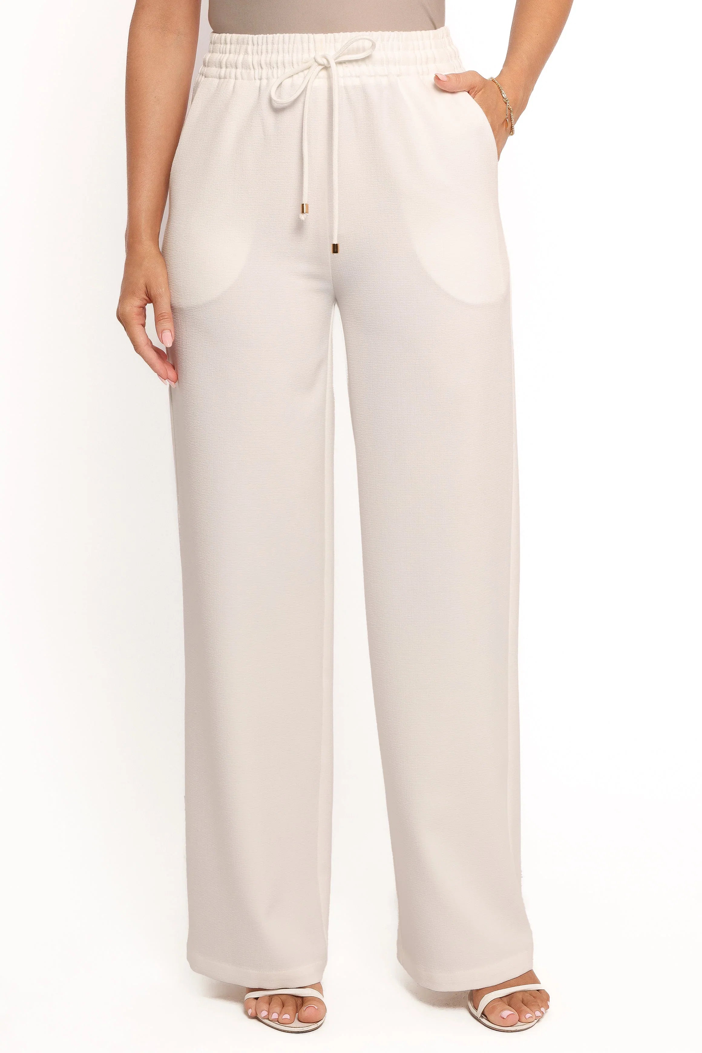 Cinch Wide Leg Crepe Pant White