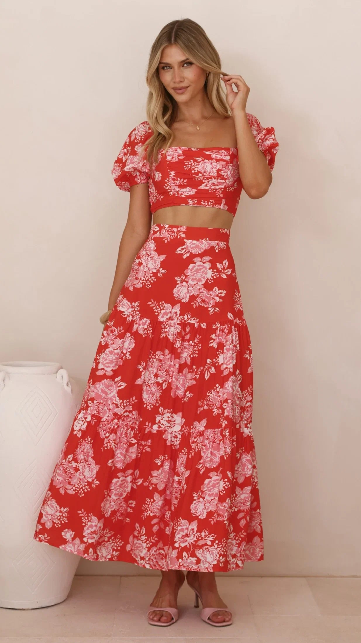 Calla Top and Maxi Skirt Set Red Floral