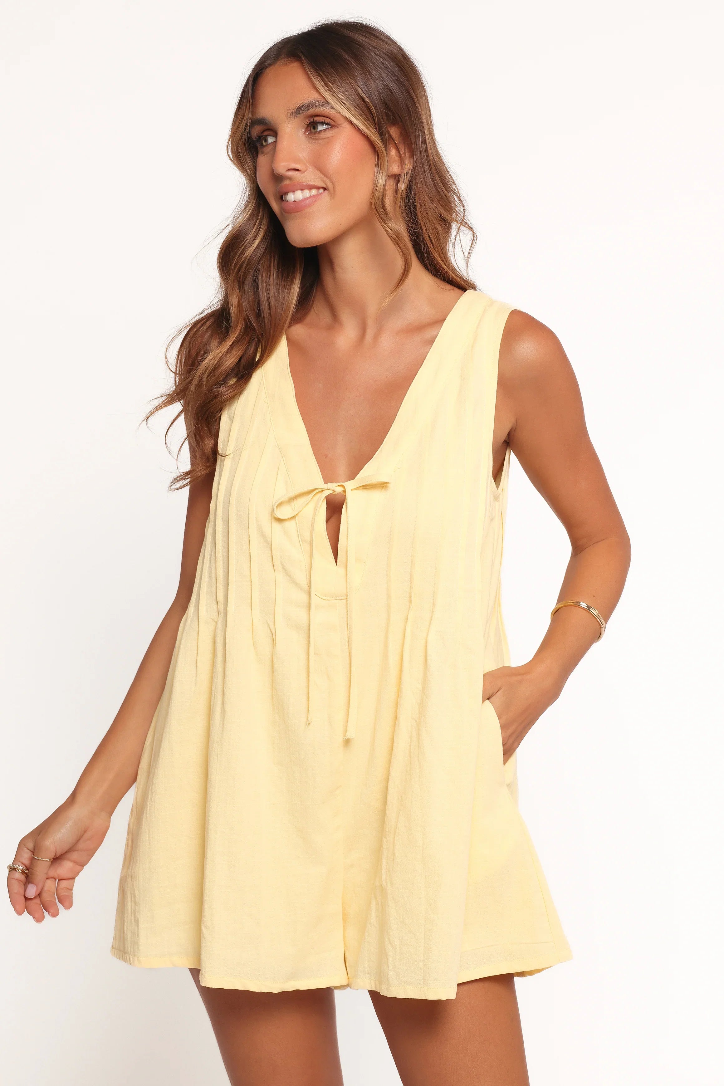 Kallie Tie Front Romper Butter Yellow