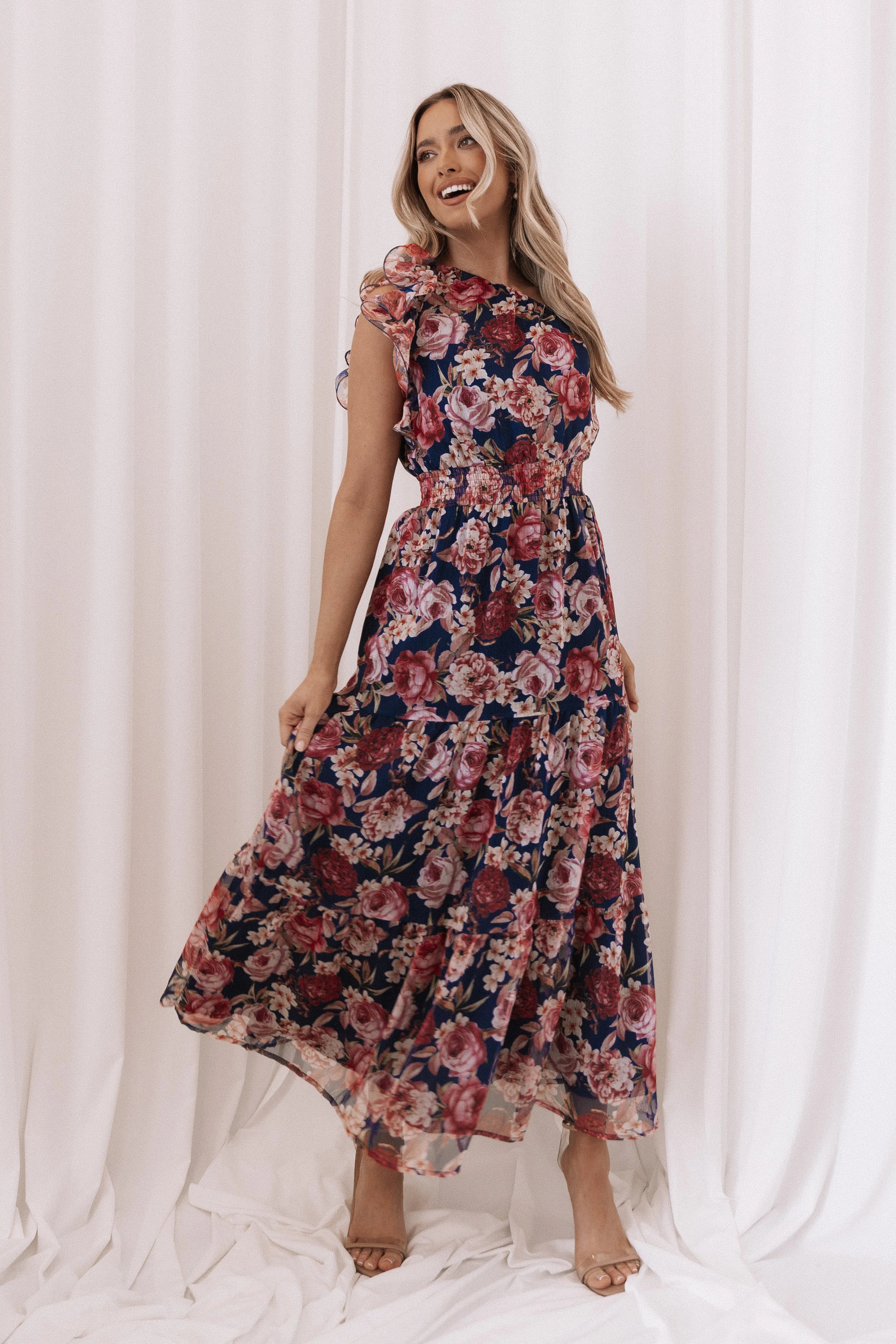Layley One Shoulder Maxi Dress Navy Floral