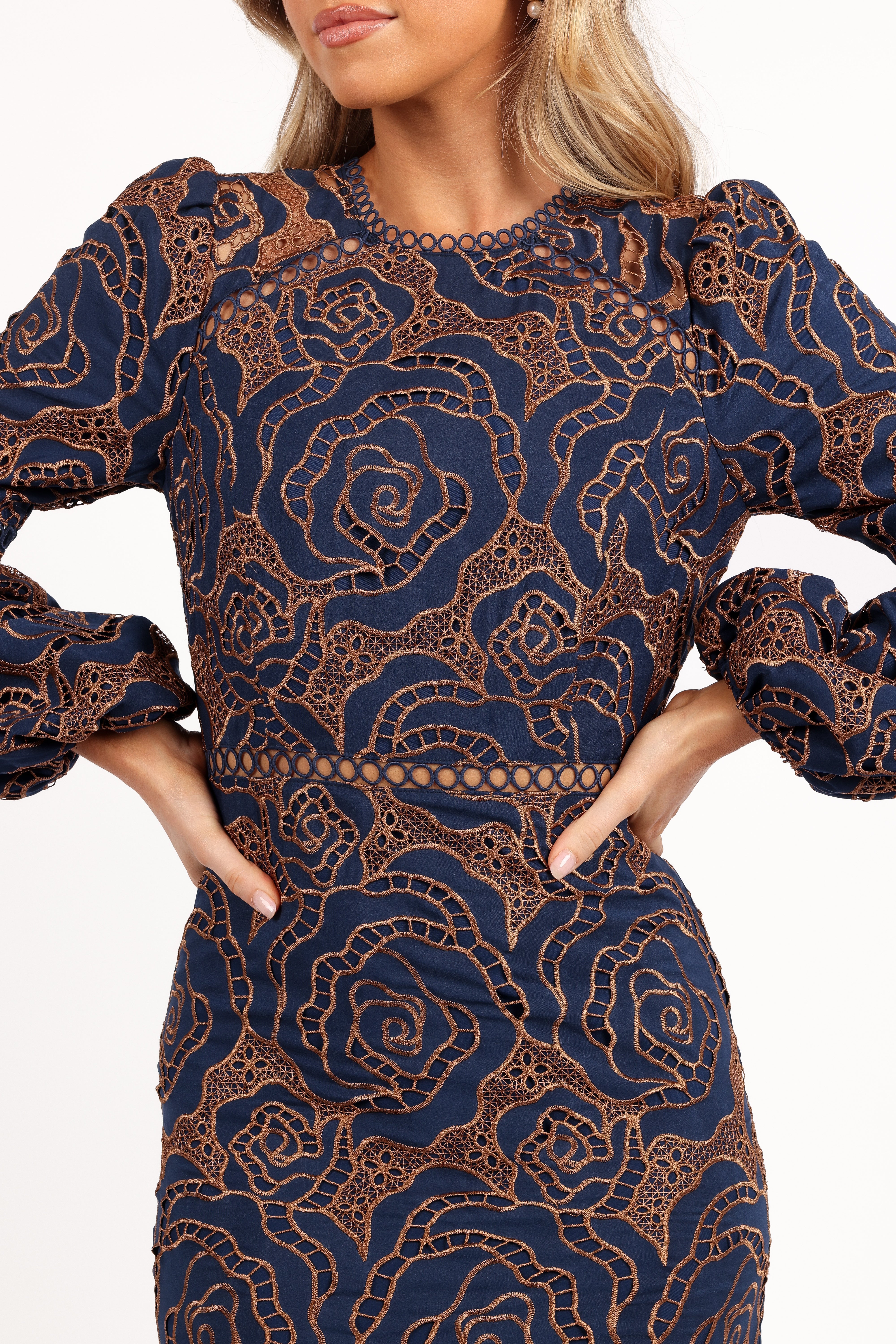 Pierre Long Sleeve Lace Maxi Dress Navy