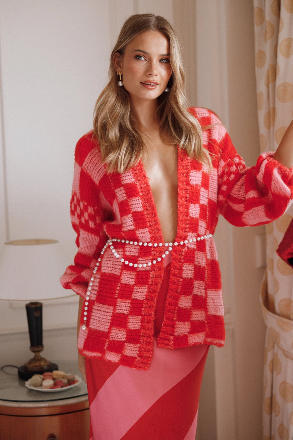 Davina Pattern Open Front Cardigan Red Pink