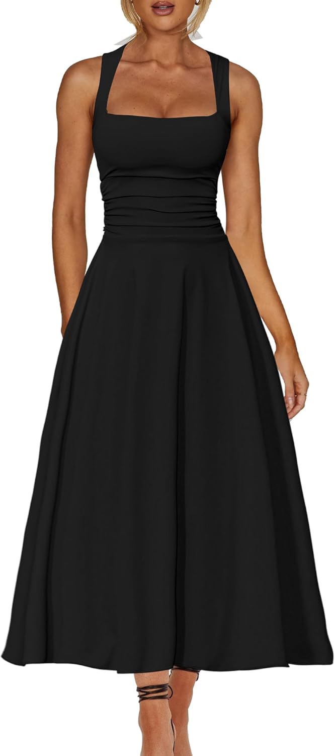 A Line Maxi Dress Ruffle Ruched Waist Flowy Long Dresses