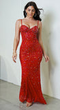 Barletta Rhinestone Multi Gem Studded Maxi Dress Red