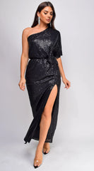 Ever One Shoulder Sequin Maxi Dress Black