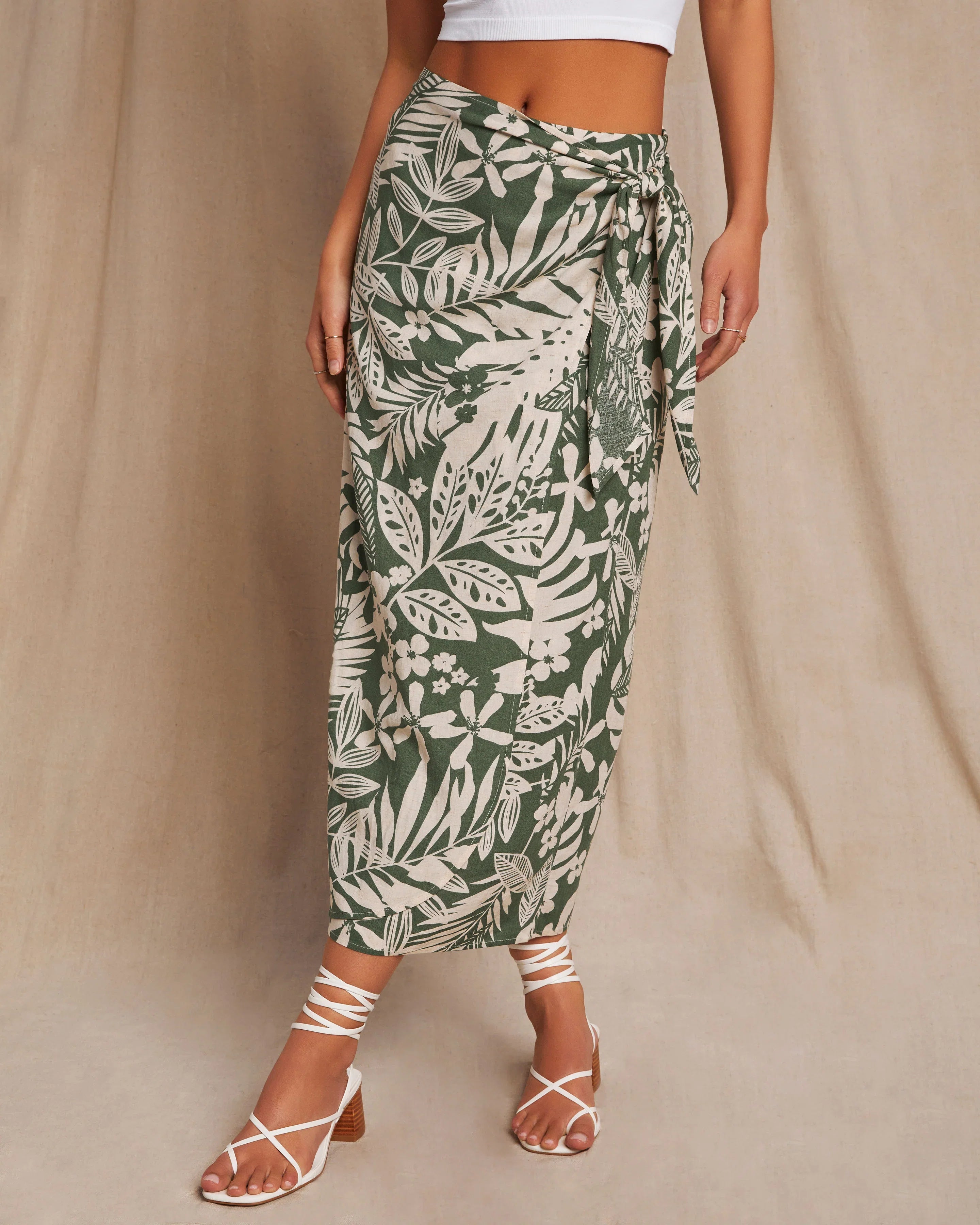 Kaanapali Linen Blend Tropical Print Wrap Midi Skirt