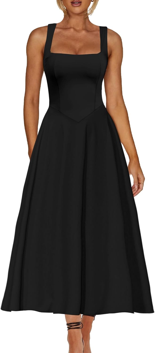 A Line Maxi Dress Smocked Ruffle Flowy Casual Long Dresses