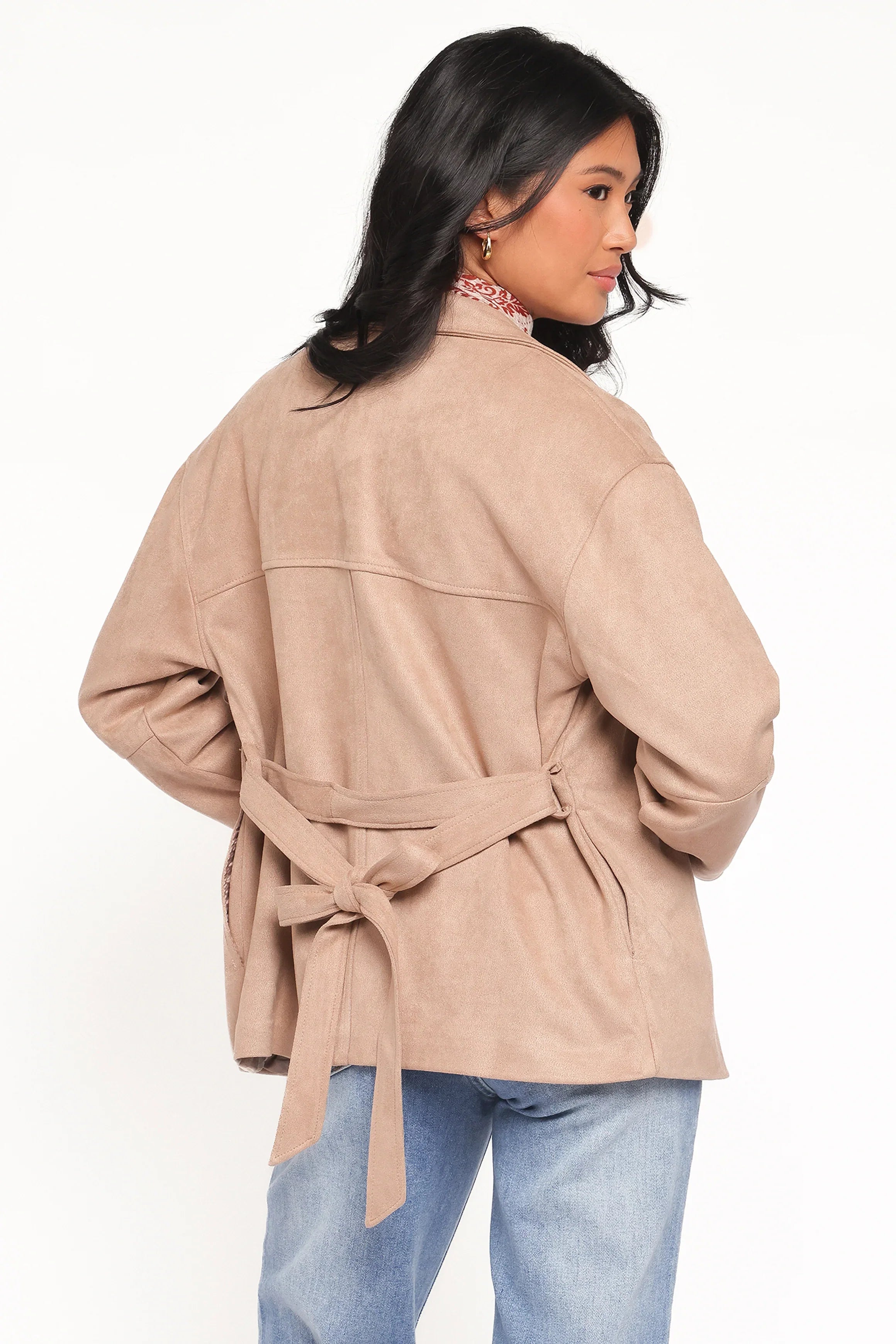 Nelly Faux Suede Cropped Trench Coat Mushroom