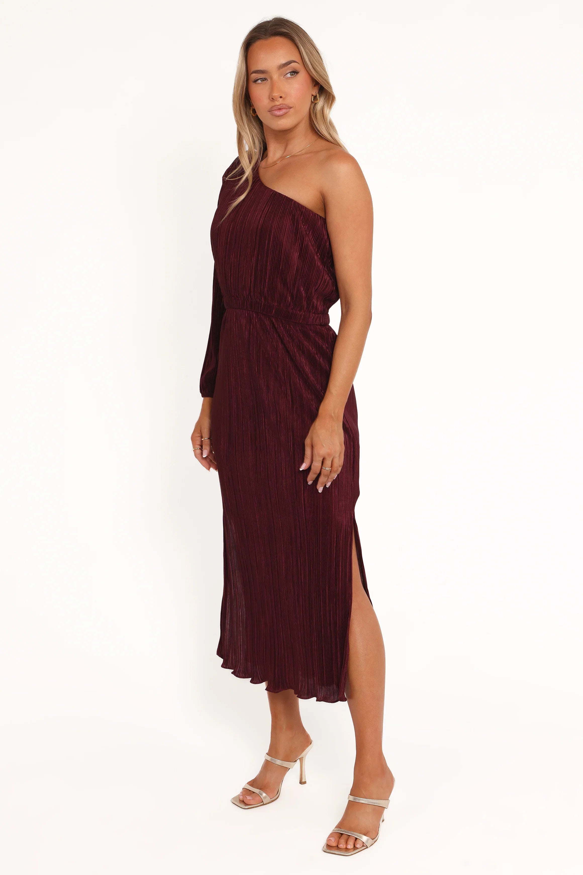 Pontee One Shoulder Pleated Midi Dress Burgundy