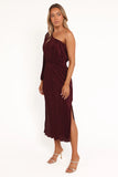 Pontee One Shoulder Pleated Midi Dress Burgundy