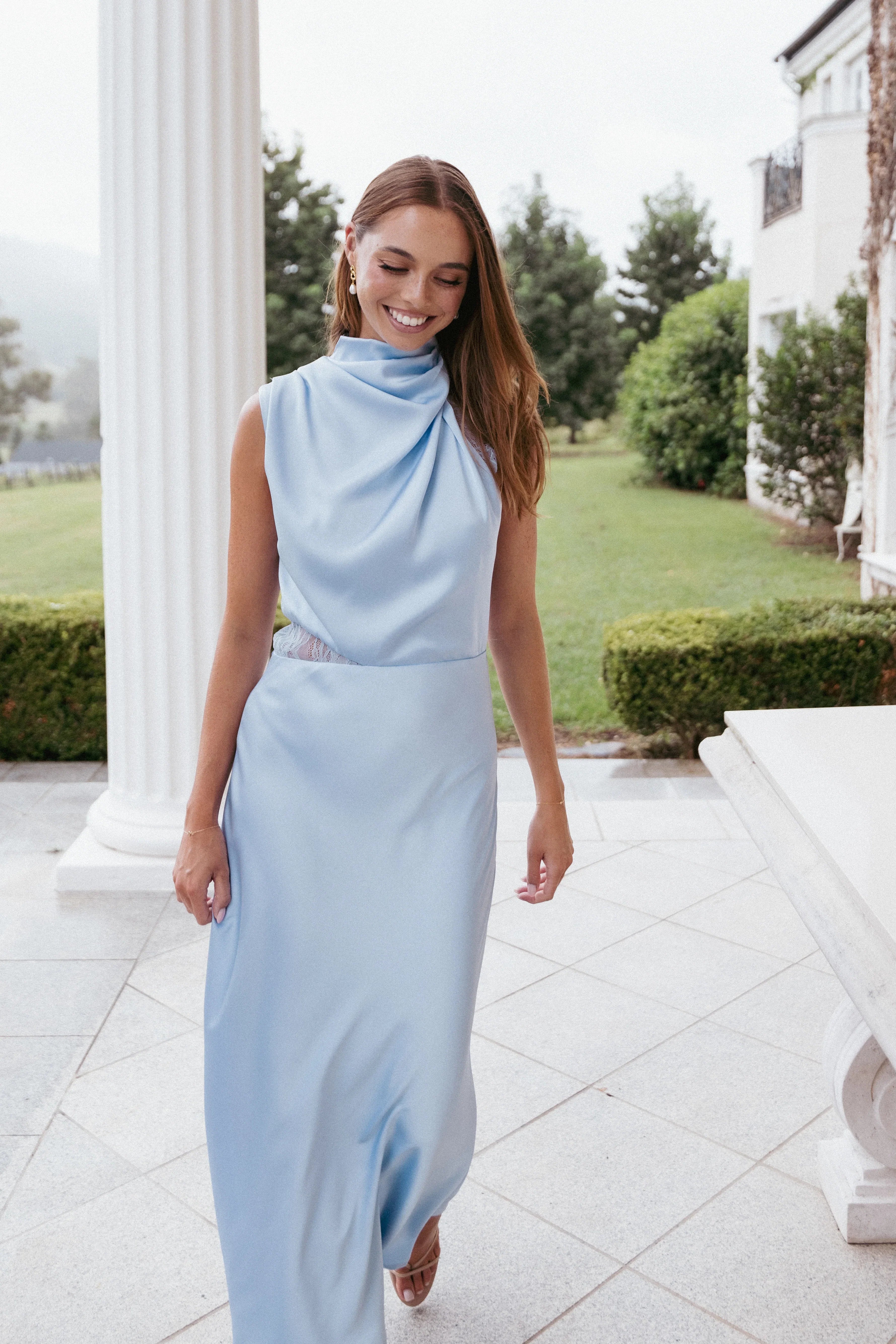 Anabelle Halter Neck Lace Maxi Dress Baby Blue