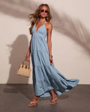 Maesy Tiered Halter Neck Chambray Maxi Dress