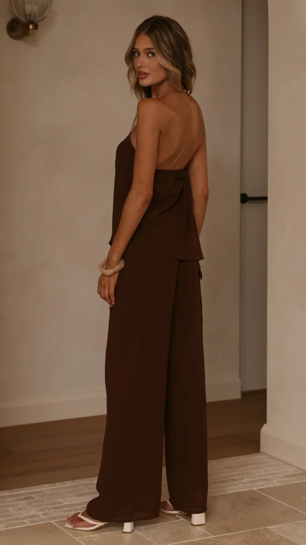 Zabrina Semi Sheer Strapless Top and Pants Set Chocolate