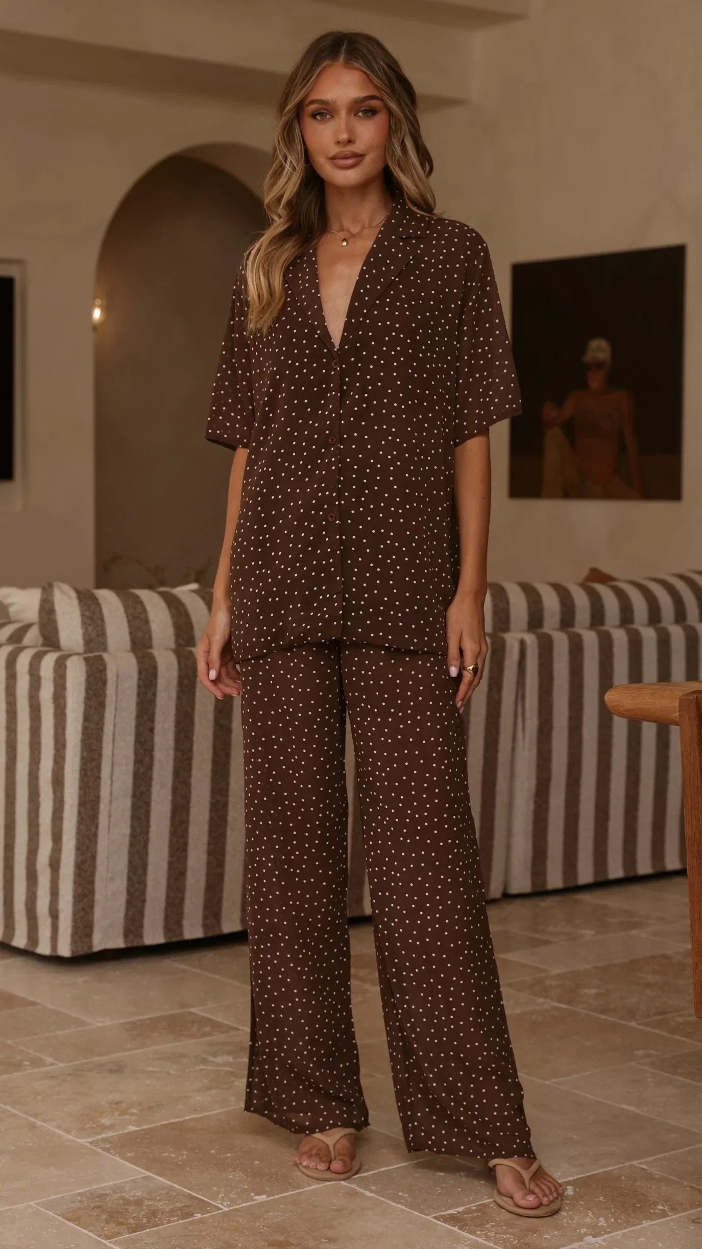 Ashleigh Sheer Shirt and Pants Set Brown Polka