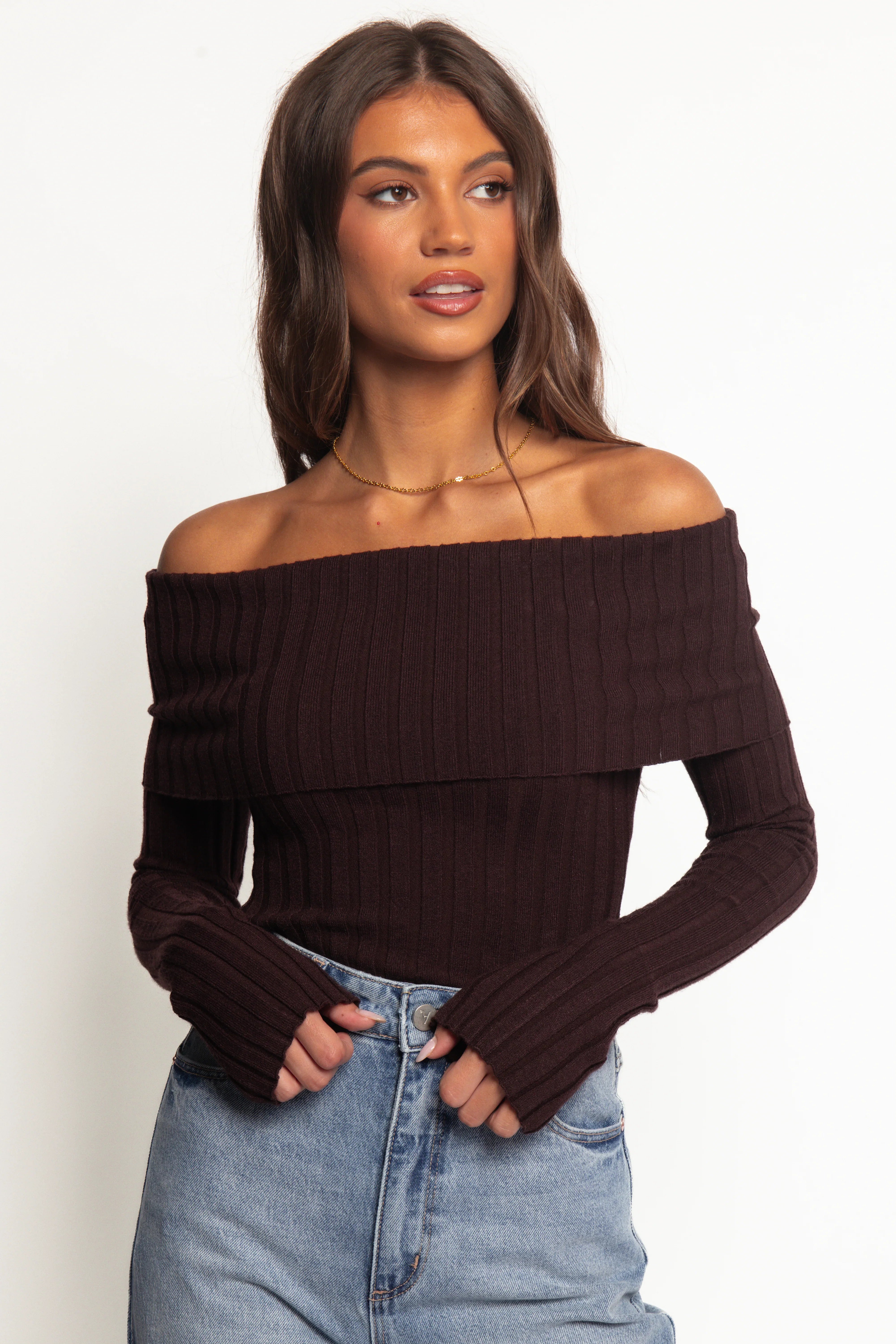 Inora Off Shoulder Knit Top Chocolate
