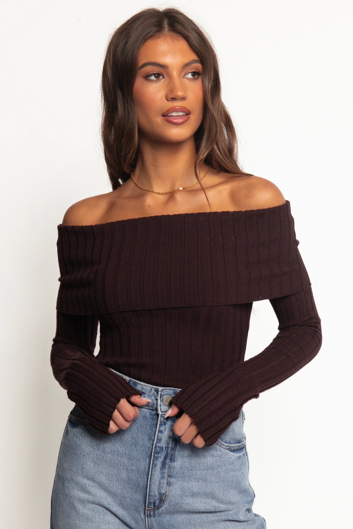 Inora Off Shoulder Knit Top Chocolate
