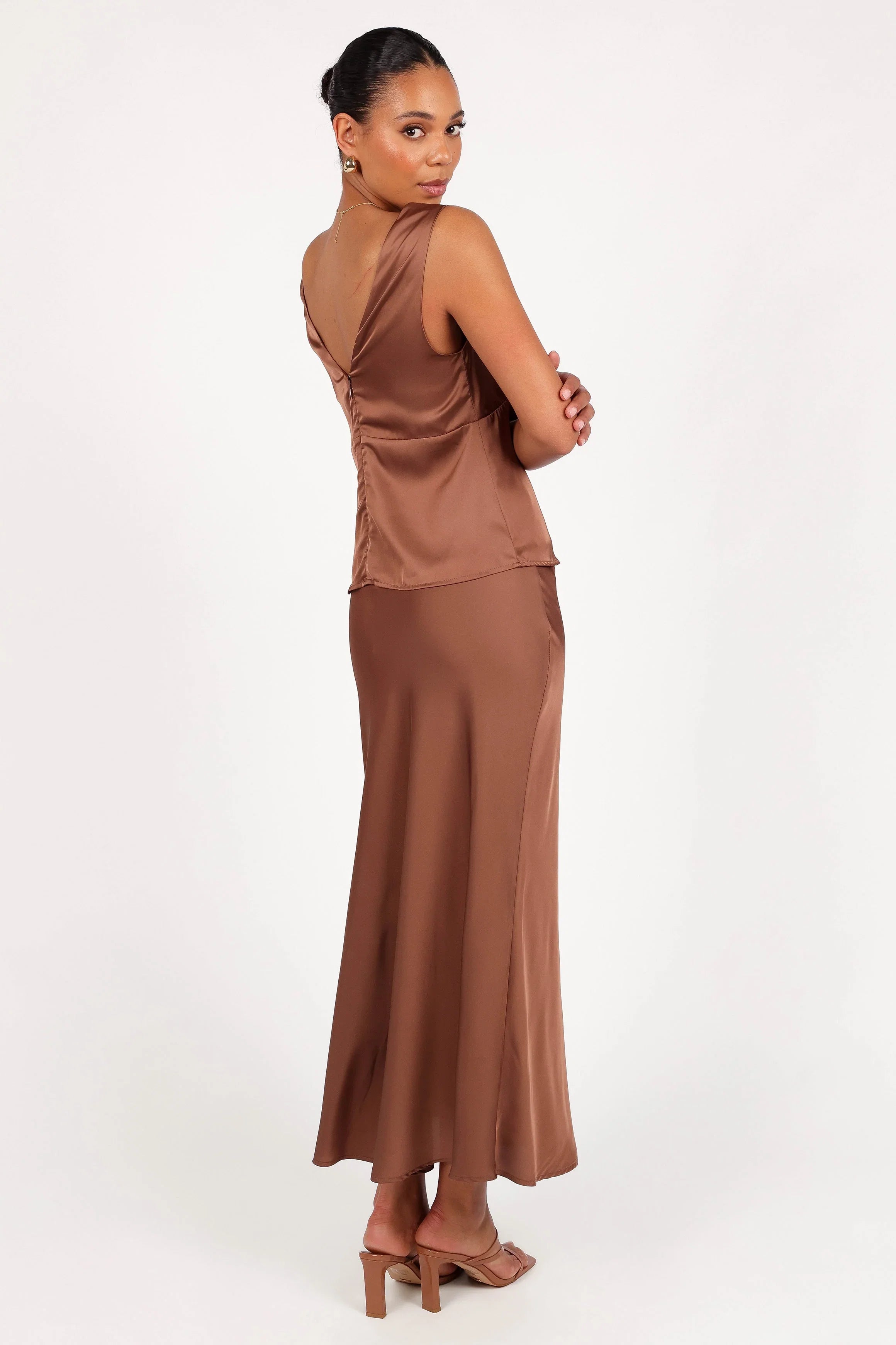 Nellie Satin Midi Skirt Banksia Brown