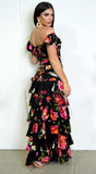 Eivissa Floral Off Shoulder Ruffle Tier Maxi Dress Black