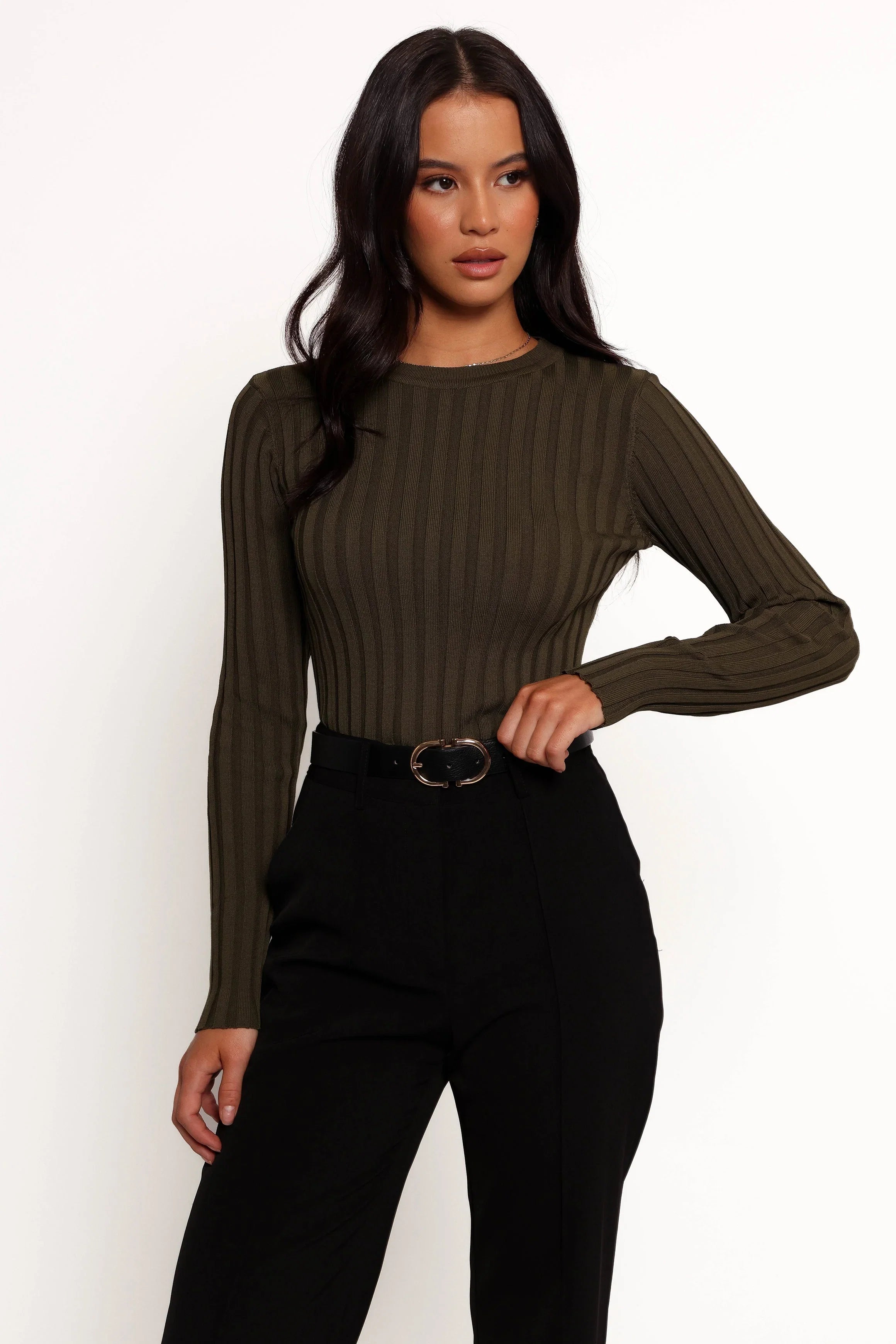 Aneesa Wide Rib Knit Top Dark Olive