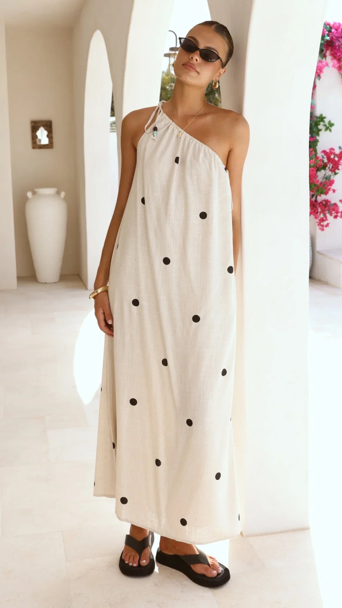 Nasira One Shoulder Maxi Dress Oat Black Polka Dot
