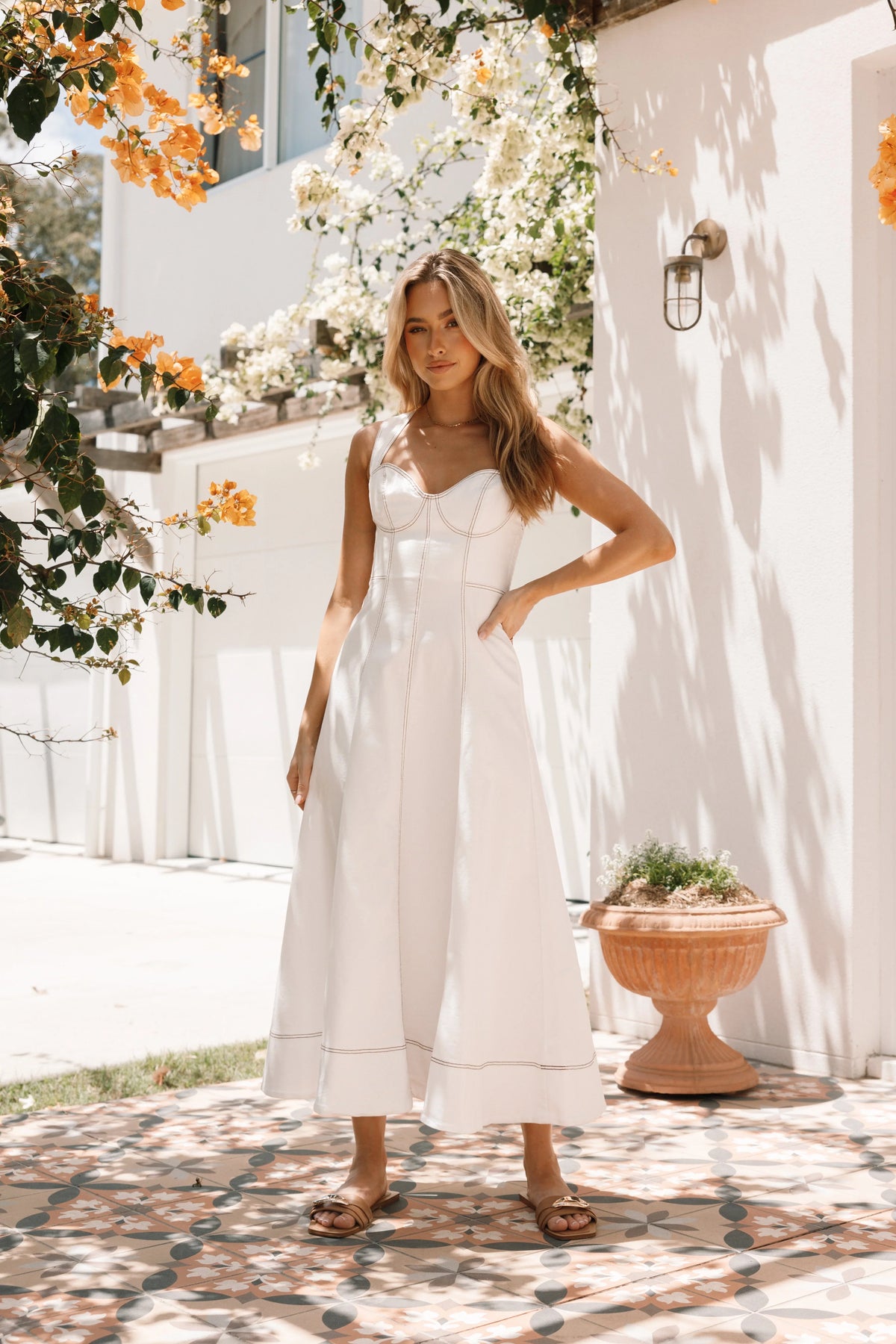 Everly Crossback Midi Dress White Denim