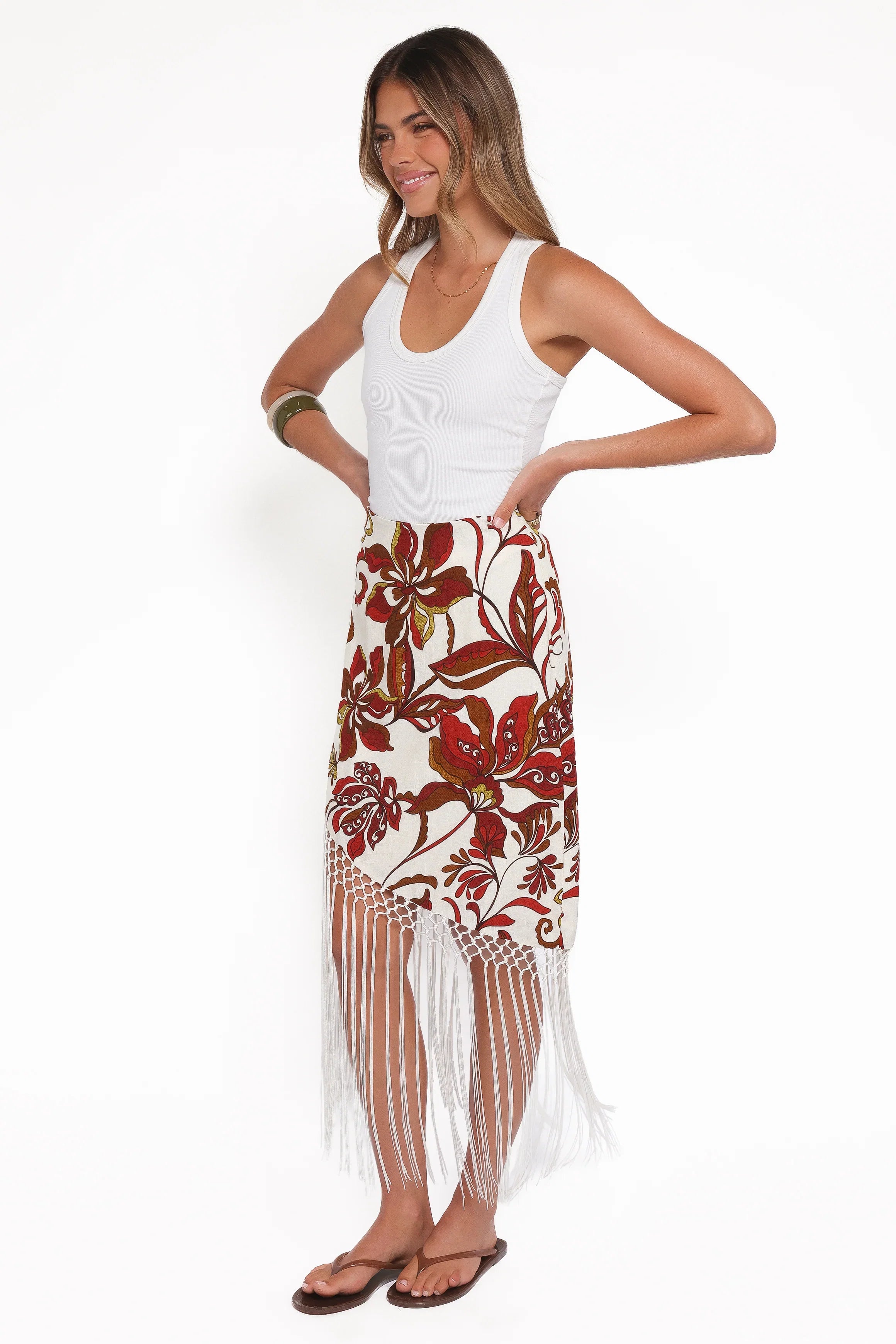 Shelby Midi Fringe Skirt Brown Floral