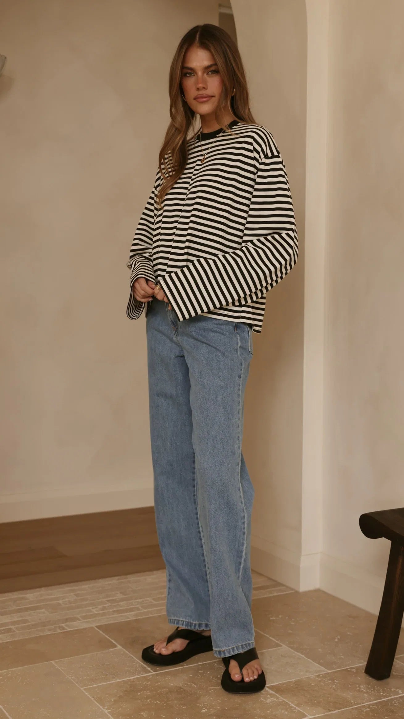 Solana Long Sleeve Top Black White Stripe
