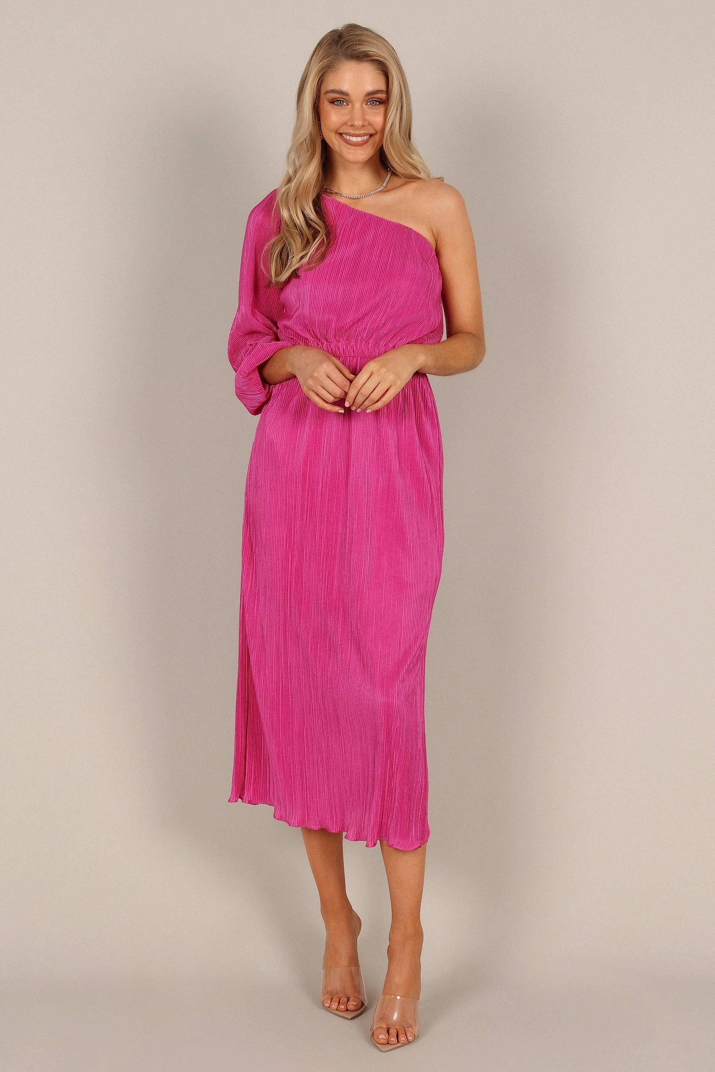 Pontee One Shoulder Pleated Midi Dress Orchid
