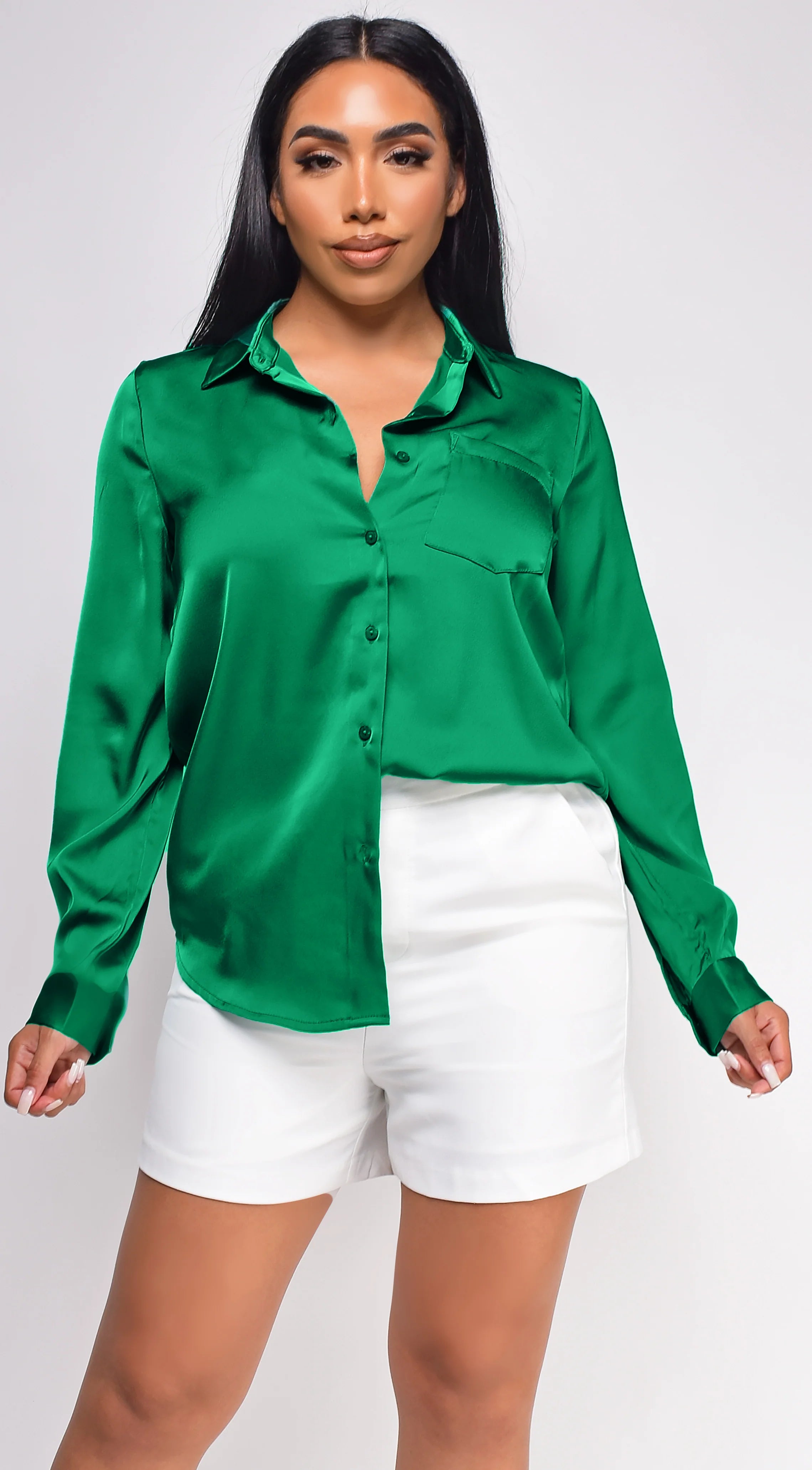 Braylee Satin Button Down Blouse Top Kelly Green