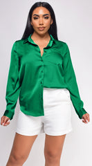 Braylee Satin Button Down Blouse Top Kelly Green