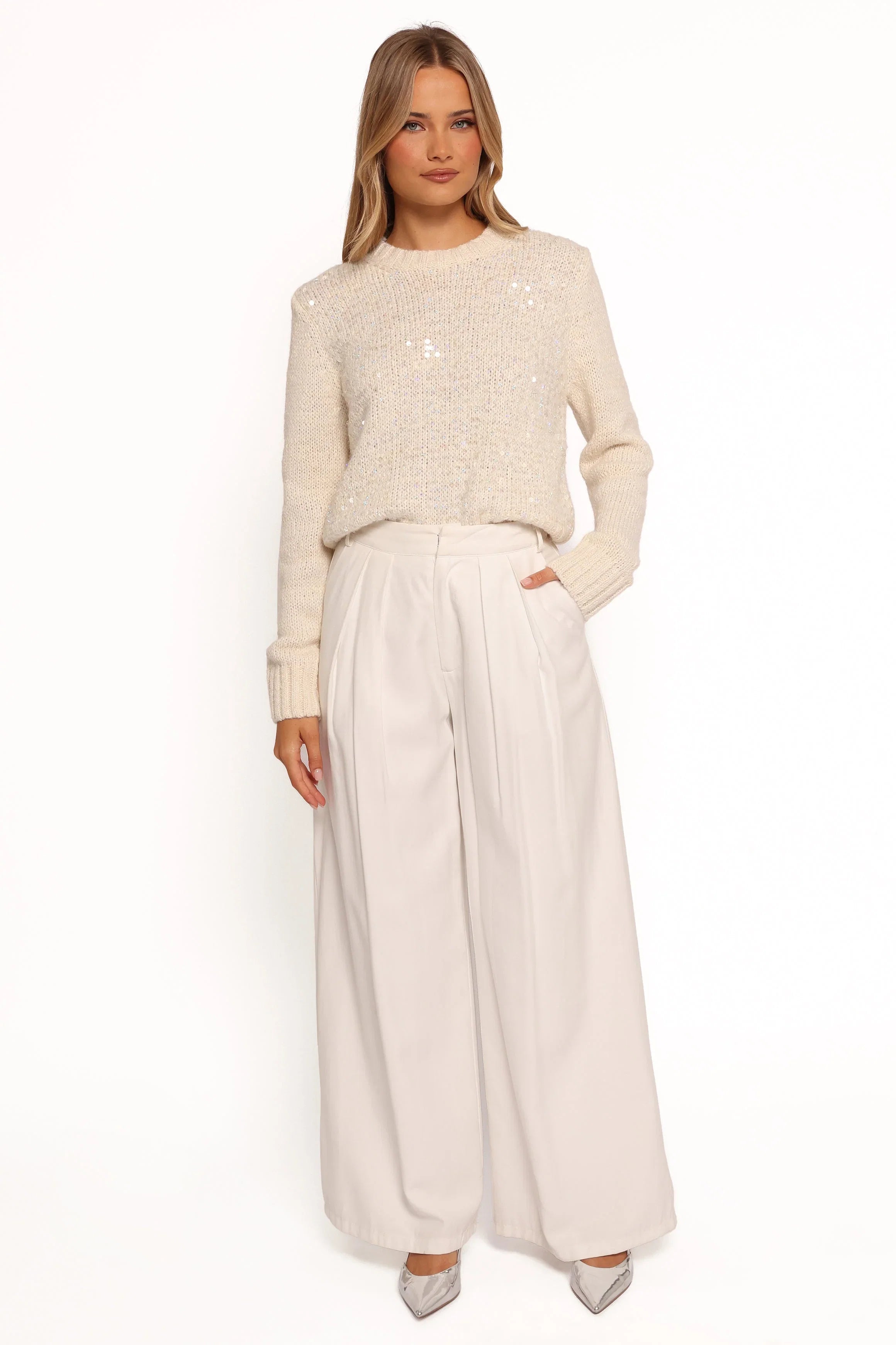 Medora Crewneck Sequin Knit Sweater Ivory