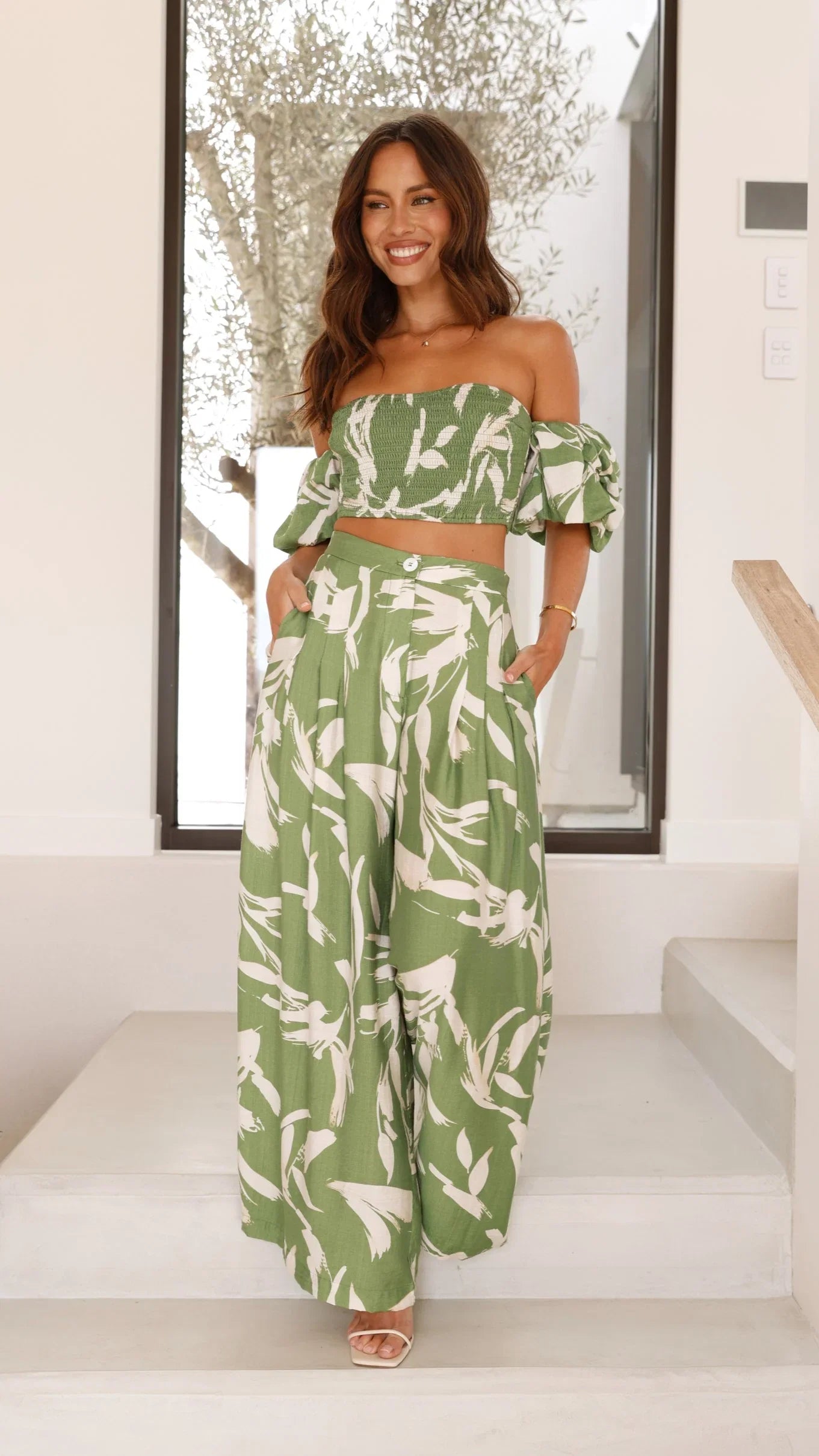 Callison Crop Top and Pants Set Green Print