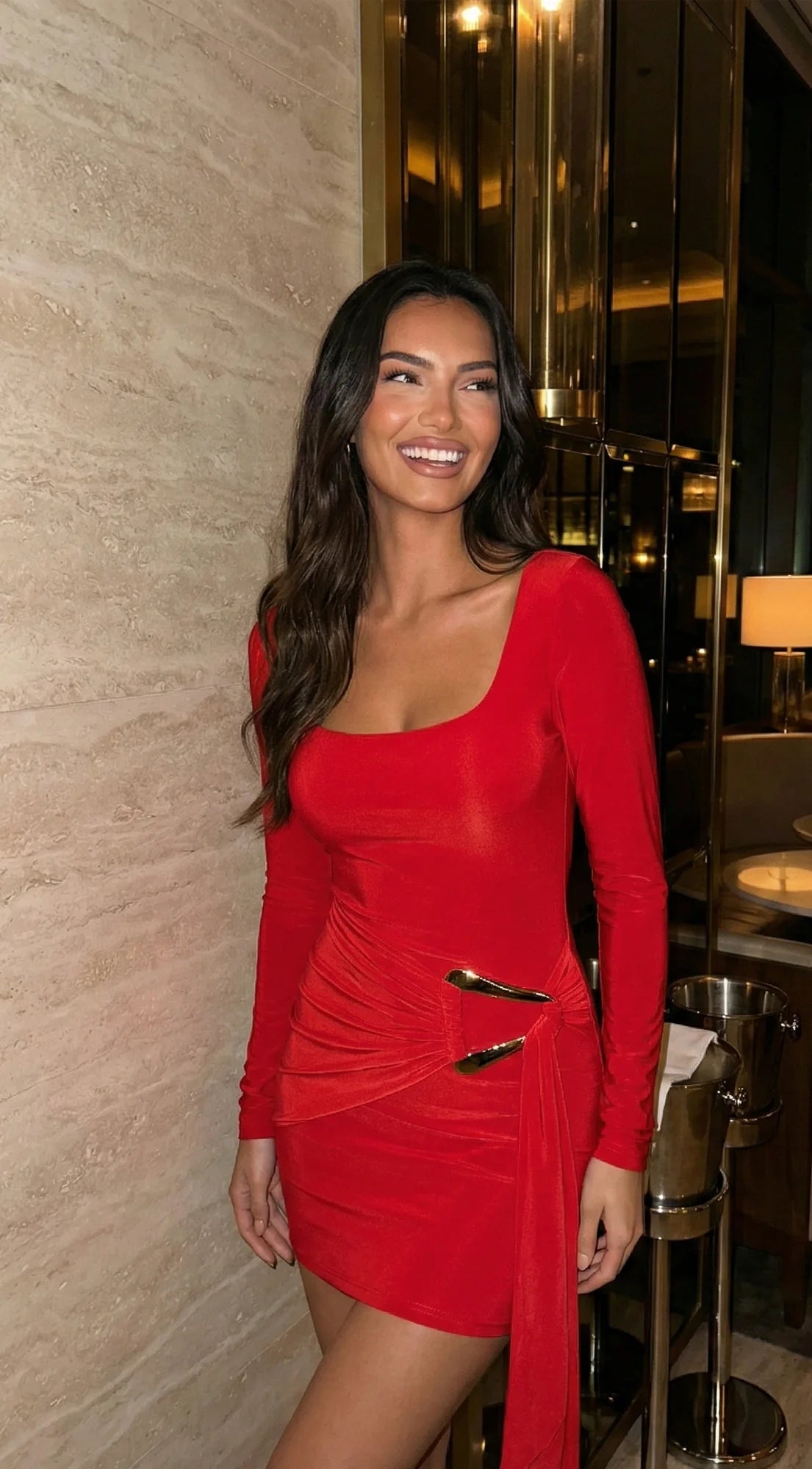 Aloria Square Neck Draped Mini Dress Red