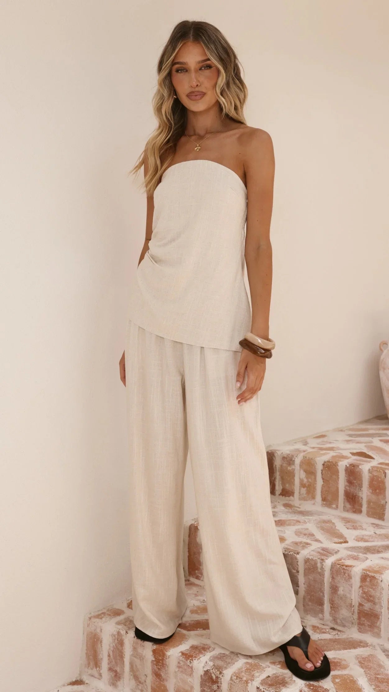 Yuki Strapless Top and Pants Set Oatmeal