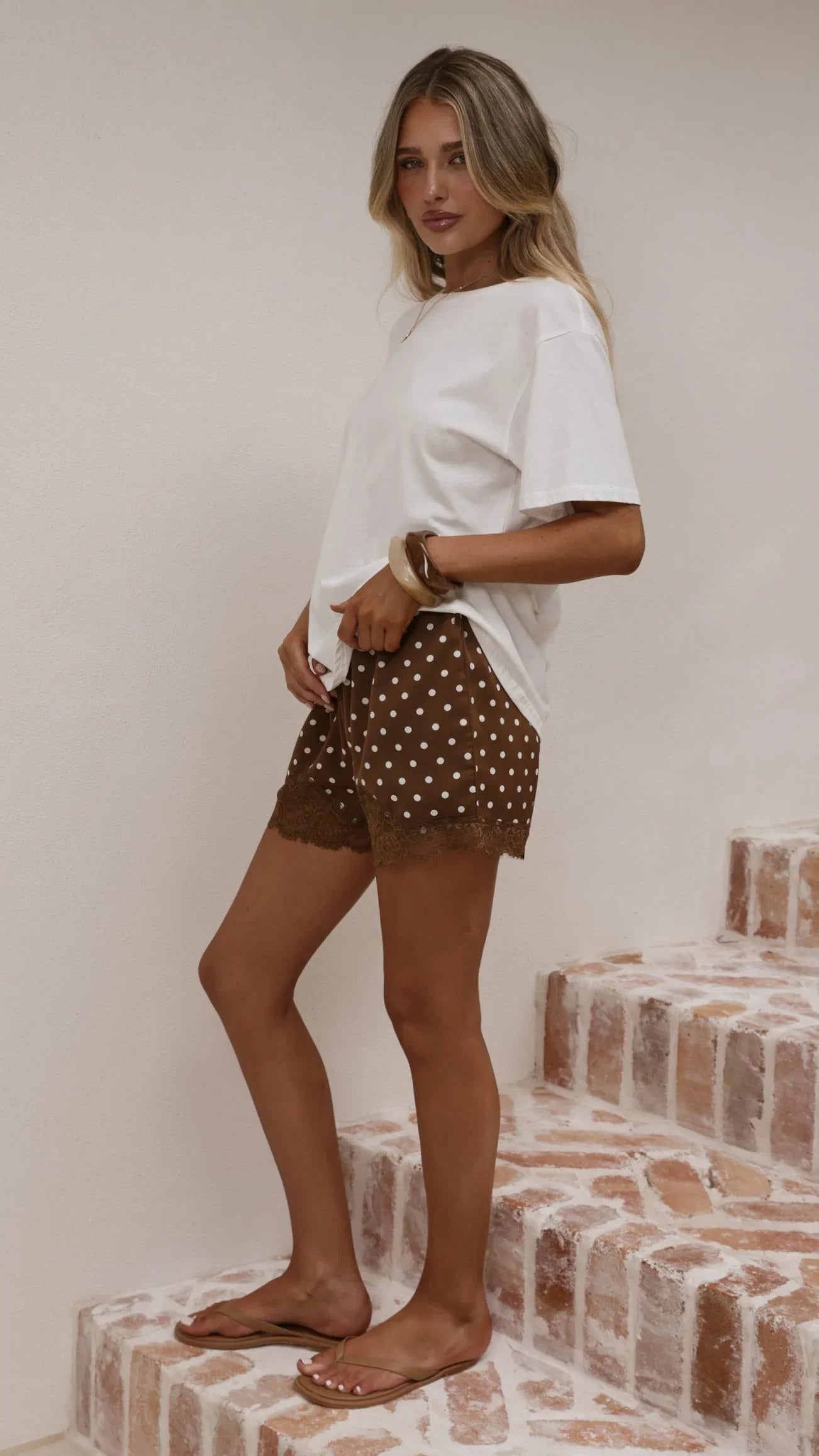 Makoa Lace Shorts Choc White Polka