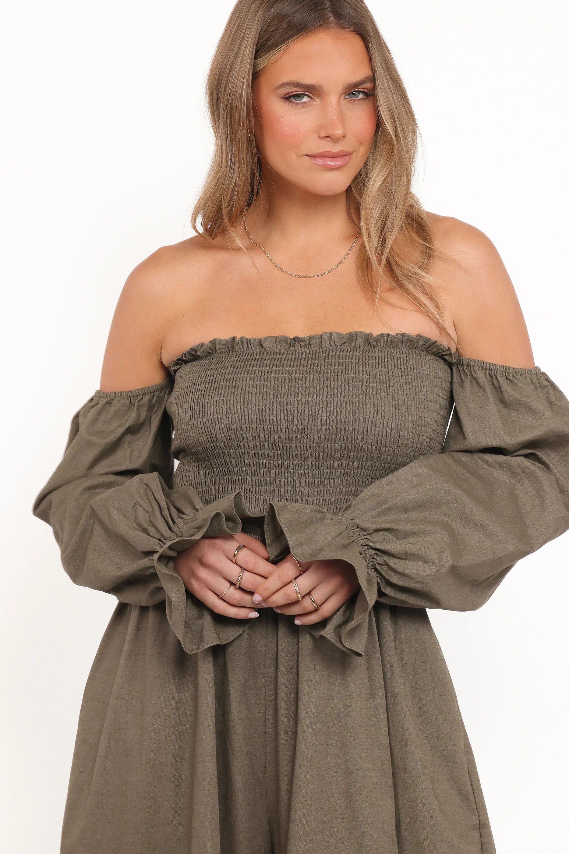 Domenica Shirred Long Sleeve Jumpsuit Olive