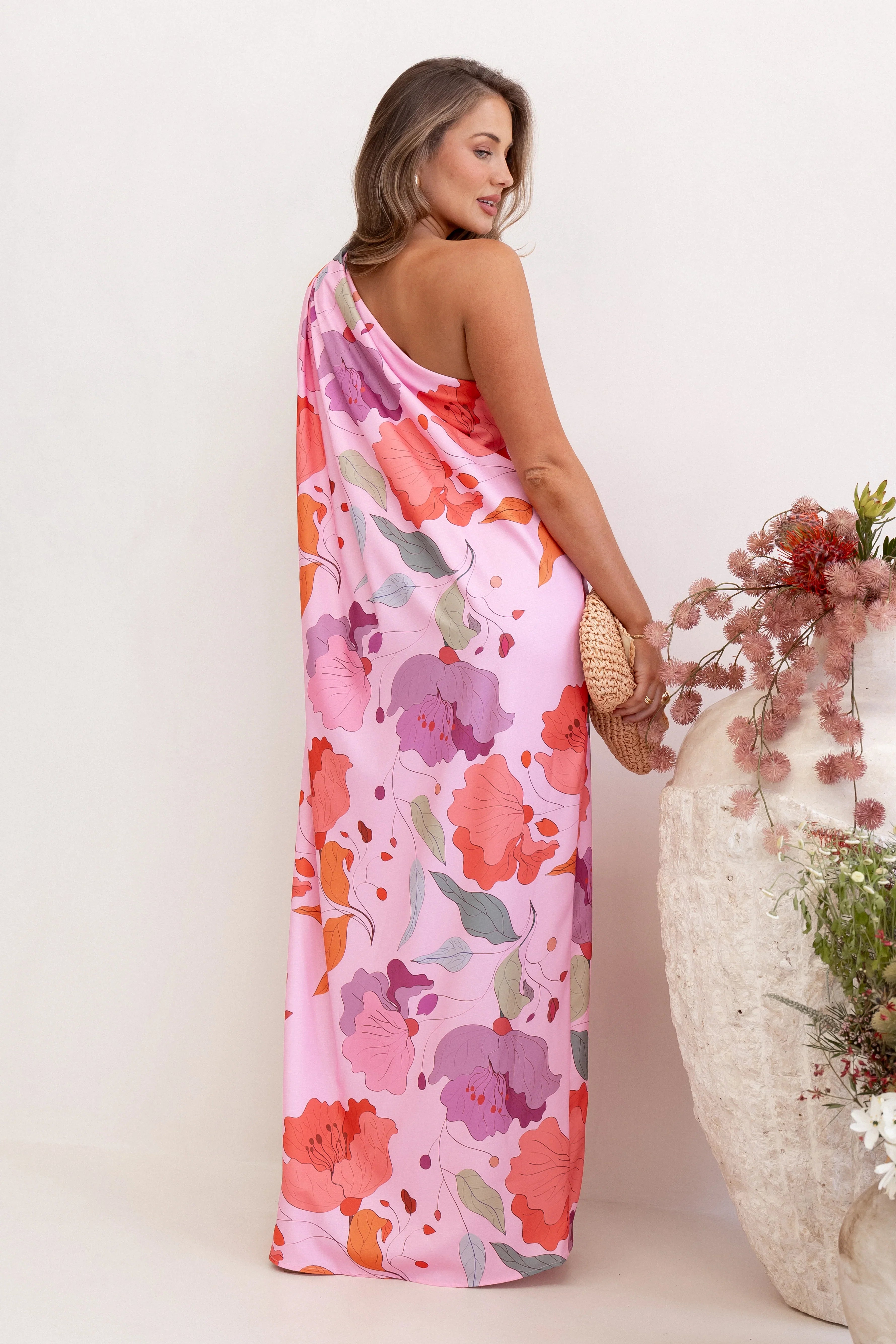 Tillie One Shoulder Maxi Dress Pink Floral